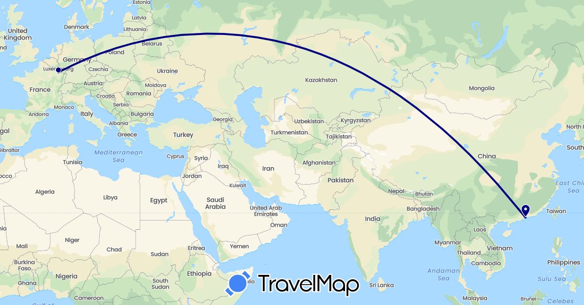 TravelMap itinerary: driving in China, France, Luxembourg (Asia, Europe)